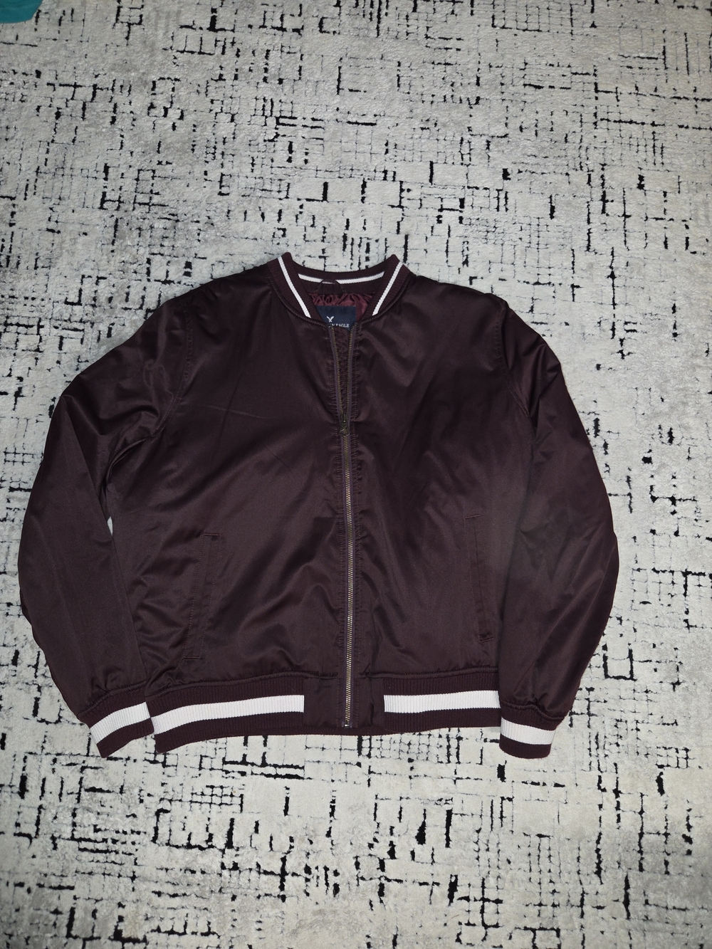 Men's Maroon American Eagle Bomber Jacket with Contrast Trim